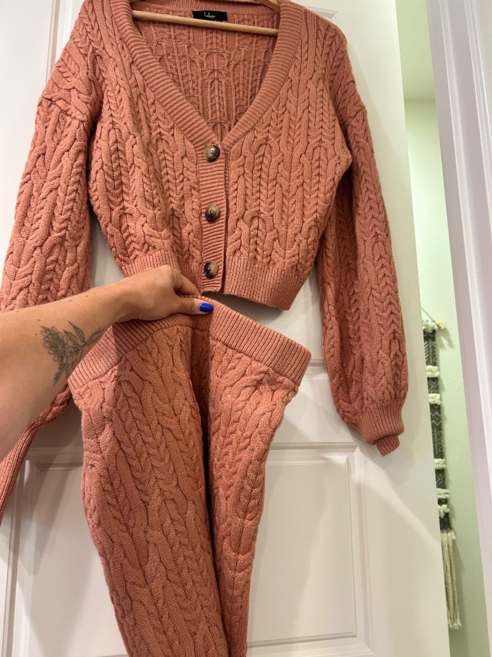 Lulus Coral Cable Knit V-Neck Cardigan and Pants Set - Picture 3 of 3